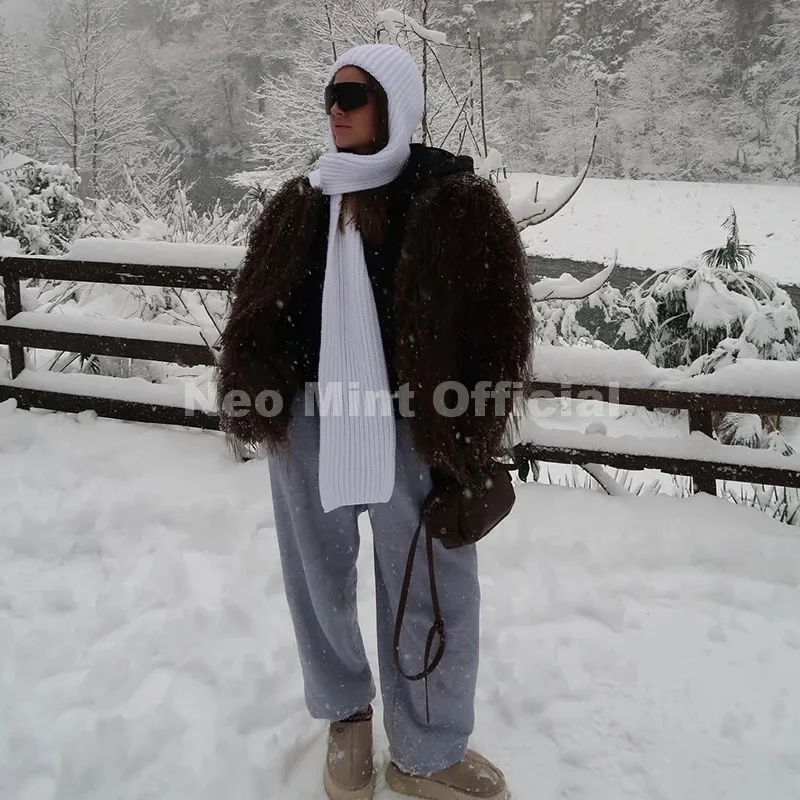 Neo Mint Ins Brand Fashion 2025 Winter Chocolate Brown Oversized Faux Fur Coat Women Fluffy Tassles Jacket Thick Chunky Overcoat