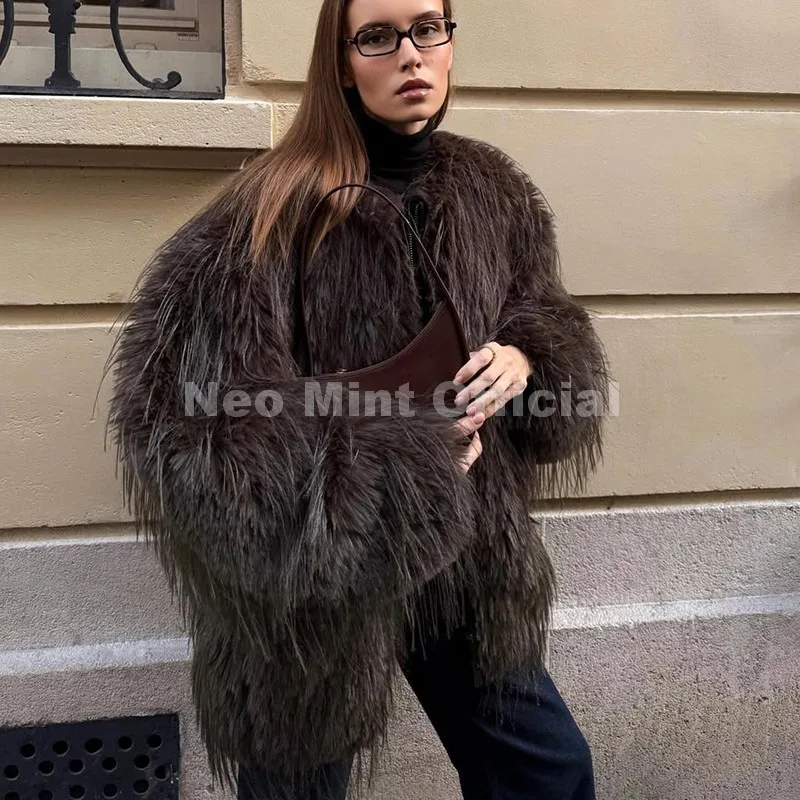 Neo Mint Ins Brand Fashion 2025 Winter Chocolate Brown Oversized Faux Fur Coat Women Fluffy Tassles Jacket Thick Chunky Overcoat