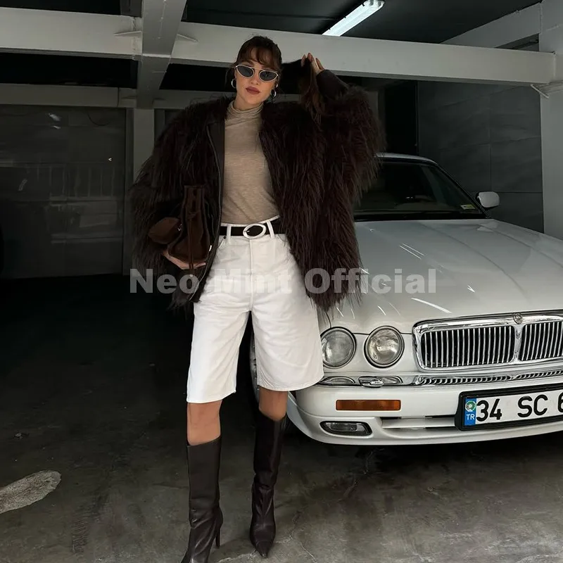 Neo Mint Ins Brand Fashion 2025 Winter Chocolate Brown Oversized Faux Fur Coat Women Fluffy Tassles Jacket Thick Chunky Overcoat