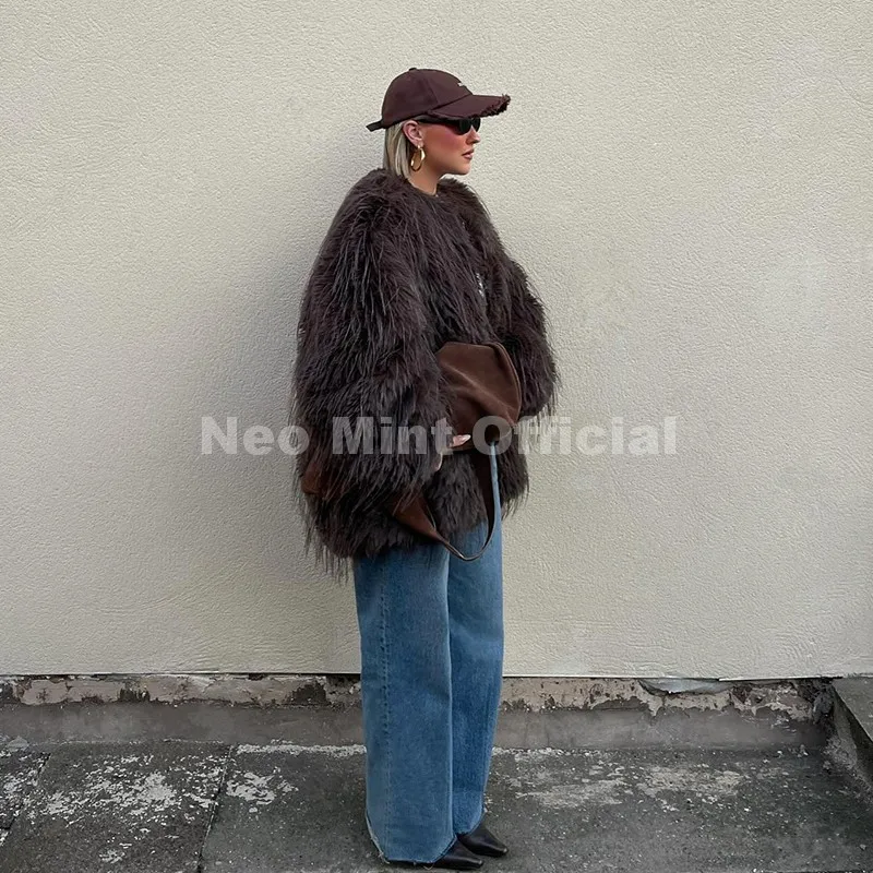 Neo Mint Ins Brand Fashion 2025 Winter Chocolate Brown Oversized Faux Fur Coat Women Fluffy Tassles Jacket Thick Chunky Overcoat