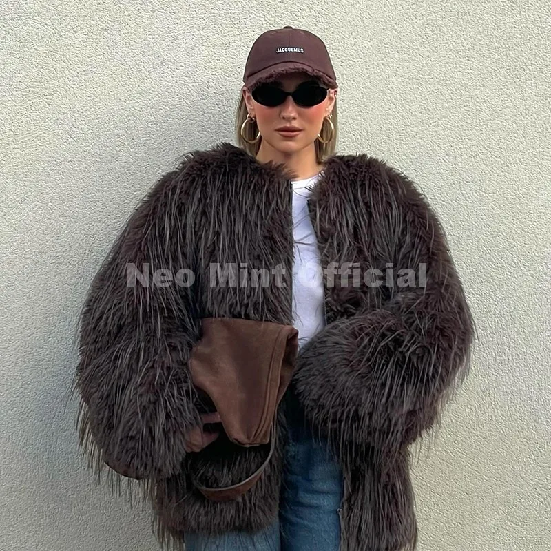 Neo Mint Ins Brand Fashion 2025 Winter Chocolate Brown Oversized Faux Fur Coat Women Fluffy Tassles Jacket Thick Chunky Overcoat