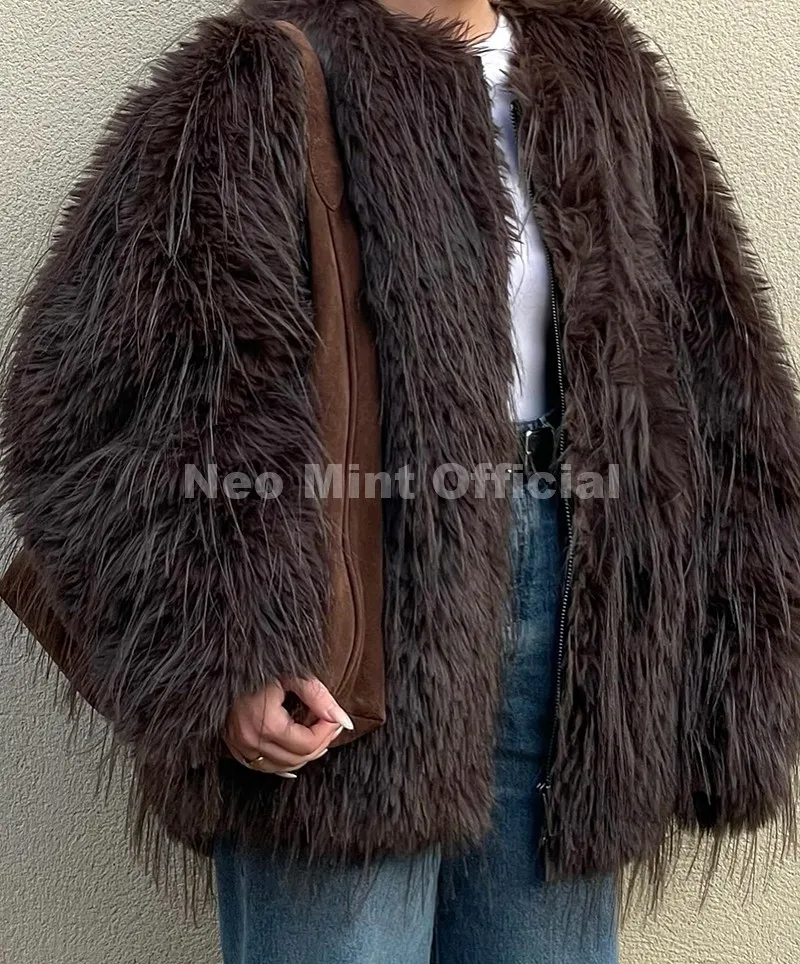 Neo Mint Ins Brand Fashion 2025 Winter Chocolate Brown Oversized Faux Fur Coat Women Fluffy Tassles Jacket Thick Chunky Overcoat