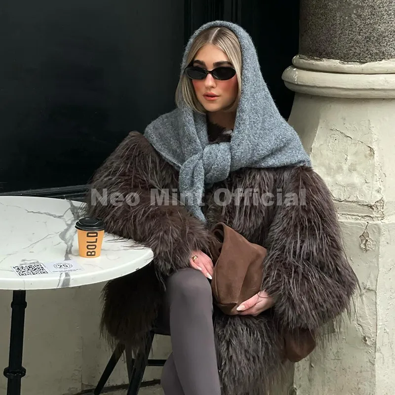 Neo Mint Ins Brand Fashion 2025 Winter Chocolate Brown Oversized Faux Fur Coat Women Fluffy Tassles Jacket Thick Chunky Overcoat