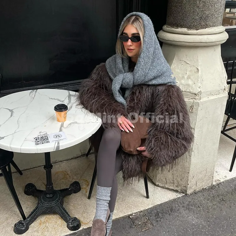 Neo Mint Ins Brand Fashion 2025 Winter Chocolate Brown Oversized Faux Fur Coat Women Fluffy Tassles Jacket Thick Chunky Overcoat