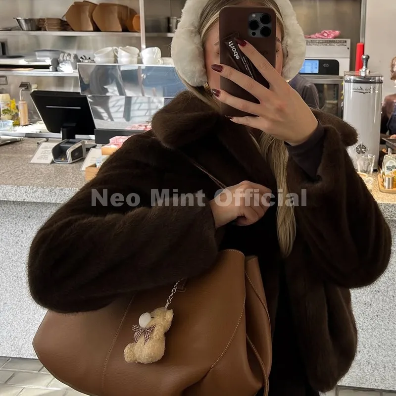 Neo Mint Cool Street Girls Fashion Brown Faux Fur Jacket Women Luxury Fake Mink Fur Coat 2025 Autumn Winter Warm Short Overcoat