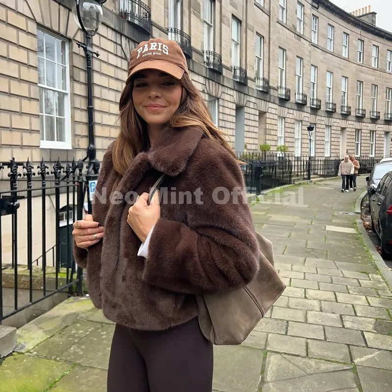 Neo Mint Cool Street Girls Fashion Brown Faux Fur Jacket Women Luxury Fake Mink Fur Coat 2025 Autumn Winter Warm Short Overcoat