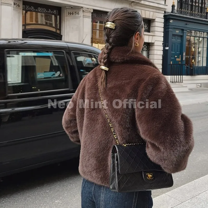 Neo Mint Cool Street Girls Fashion Brown Faux Fur Jacket Women Luxury Fake Mink Fur Coat 2025 Autumn Winter Warm Short Overcoat