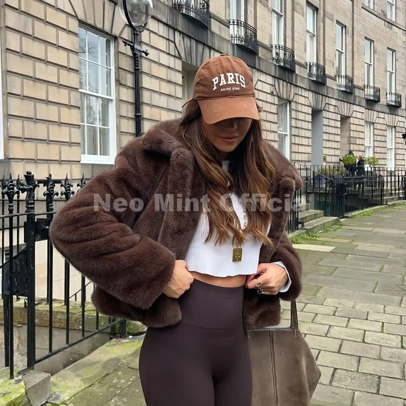 Neo Mint Cool Street Girls Fashion Brown Faux Fur Jacket Women Luxury Fake Mink Fur Coat 2025 Autumn Winter Warm Short Overcoat