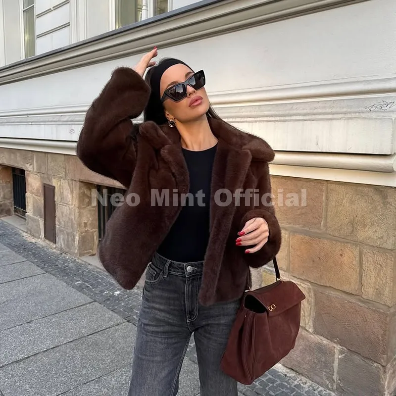 Neo Mint Cool Street Girls Fashion Brown Faux Fur Jacket Women Luxury Fake Mink Fur Coat 2025 Autumn Winter Warm Short Overcoat