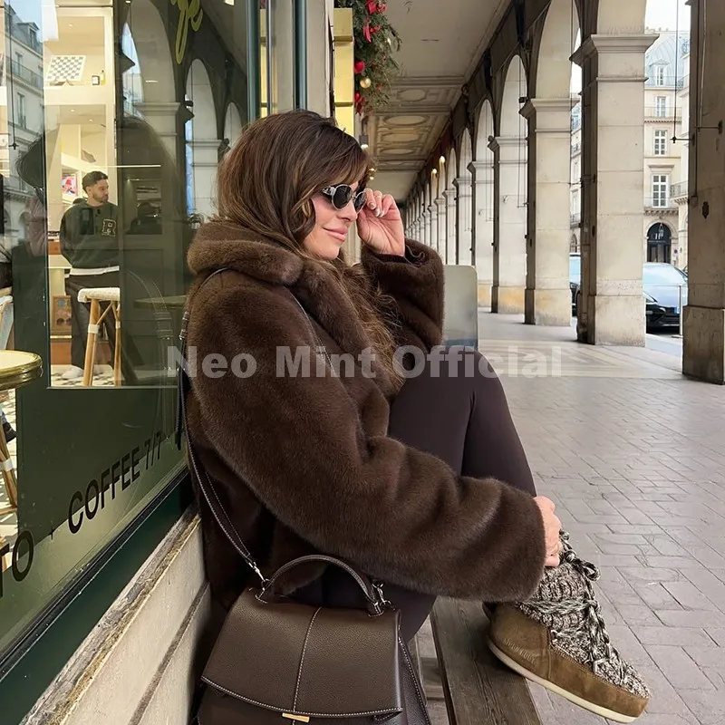 Neo Mint Cool Street Girls Fashion Brown Faux Fur Jacket Women Luxury Fake Mink Fur Coat 2025 Autumn Winter Warm Short Overcoat