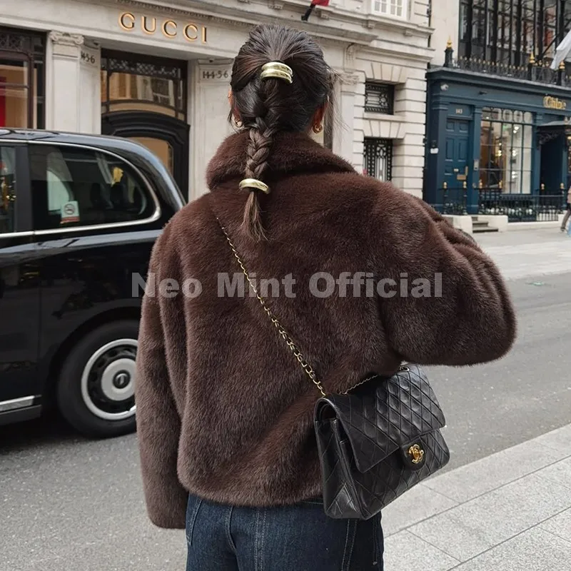 Neo Mint Cool Street Girls Fashion Brown Faux Fur Jacket Women Luxury Fake Mink Fur Coat 2025 Autumn Winter Warm Short Overcoat