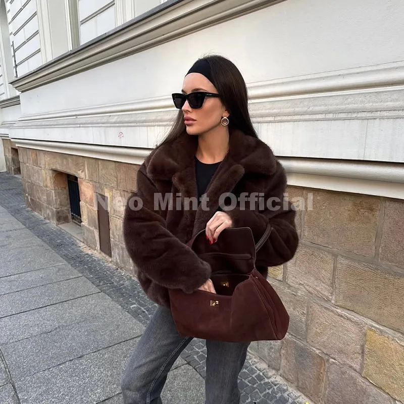Neo Mint Cool Street Girls Fashion Brown Faux Fur Jacket Women Luxury Fake Mink Fur Coat 2025 Autumn Winter Warm Short Overcoat