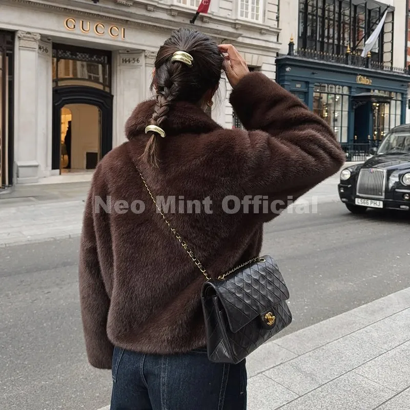 Neo Mint Cool Street Girls Fashion Brown Faux Fur Jacket Women Luxury Fake Mink Fur Coat 2025 Autumn Winter Warm Short Overcoat