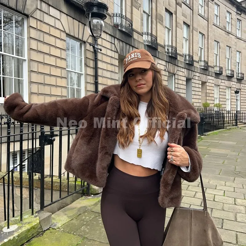 Neo Mint Cool Street Girls Fashion Brown Faux Fur Jacket Women Luxury Fake Mink Fur Coat 2025 Autumn Winter Warm Short Overcoat