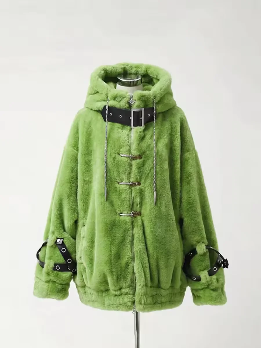 Lautaro Autumn Winter Thick Warm Faux Fur Coat Women with Hood Zipper Luxury Japanese Style Punk Harajuku Fluffy Jacket 2026