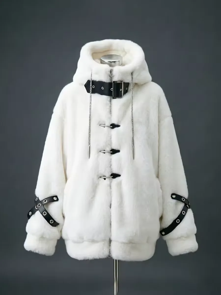 Lautaro Autumn Winter Thick Warm Faux Fur Coat Women with Hood Zipper Luxury Japanese Style Punk Harajuku Fluffy Jacket 2026