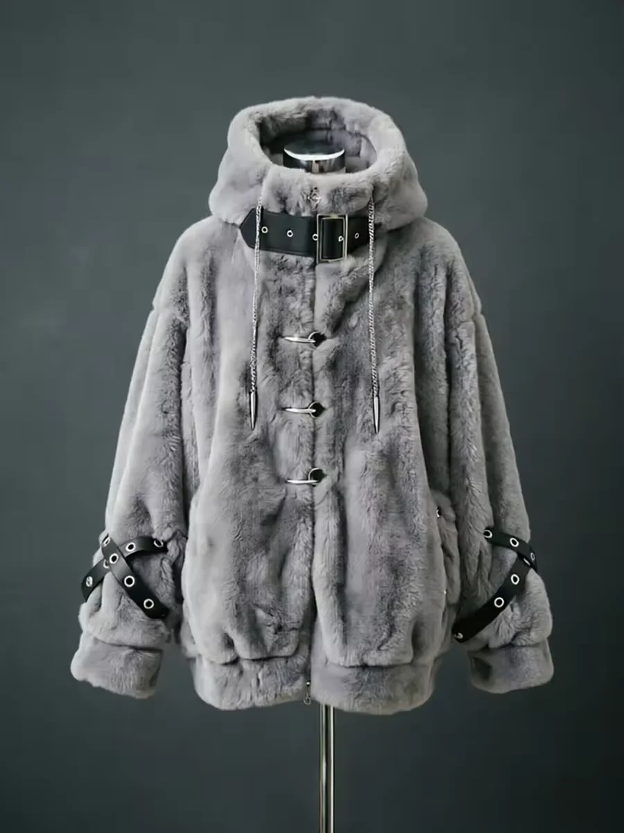 Lautaro Autumn Winter Thick Warm Faux Fur Coat Women with Hood Zipper Luxury Japanese Style Punk Harajuku Fluffy Jacket 2026