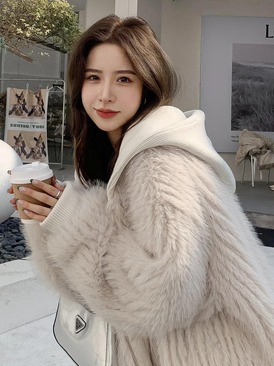 Mauroicardi Spring Winter Hairy Shaggy Soft Thick Warm Faux Fur Coat Women with Hood Fluffy Jacket Fake 2 Piece Clothes 2024