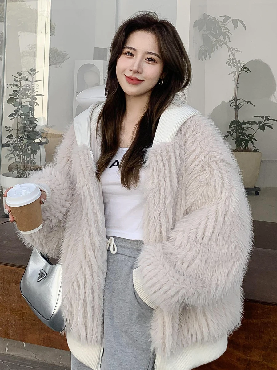 Mauroicardi Spring Winter Hairy Shaggy Soft Thick Warm Faux Fur Coat Women with Hood Fluffy Jacket Fake 2 Piece Clothes 2024