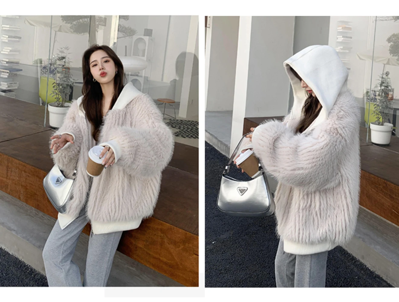 Mauroicardi Spring Winter Hairy Shaggy Soft Thick Warm Faux Fur Coat Women with Hood Fluffy Jacket Fake 2 Piece Clothes 2024