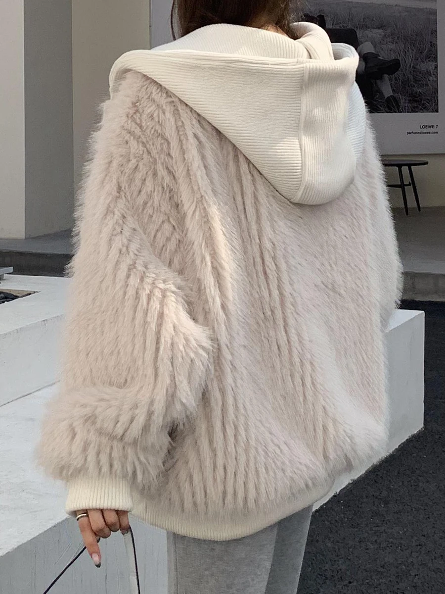 Mauroicardi Spring Winter Hairy Shaggy Soft Thick Warm Faux Fur Coat Women with Hood Fluffy Jacket Fake 2 Piece Clothes 2024