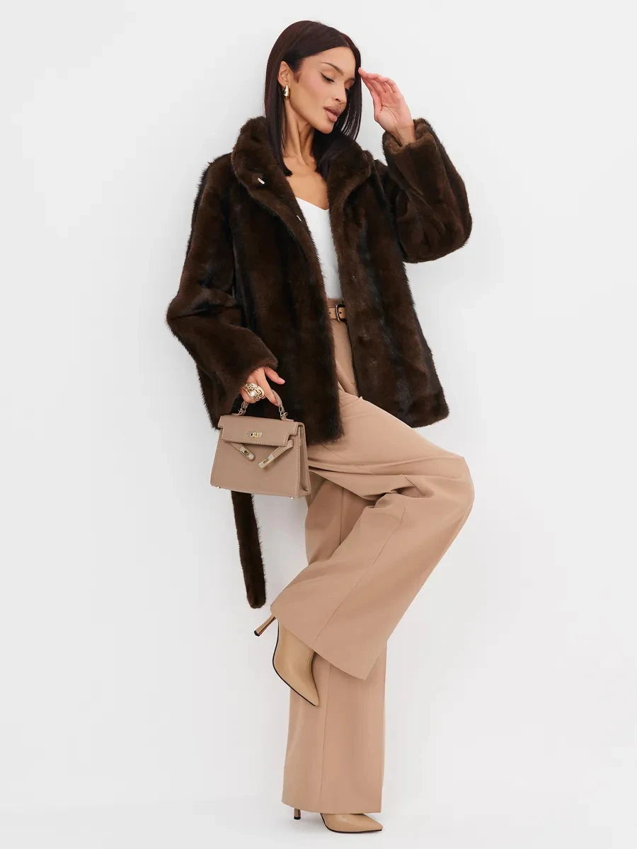 2026 Autumn Winter Women Faux Mink Fur Coat Lapel Collar Belted Long Jacket Luxury Fluffy Outerwear Brown
