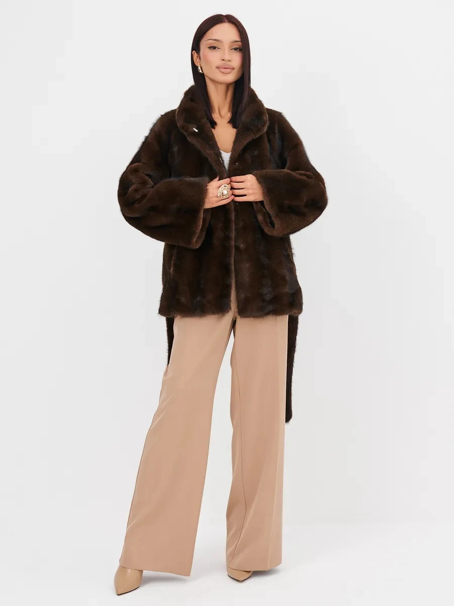 2026 Autumn Winter Women Faux Mink Fur Coat Lapel Collar Belted Long Jacket Luxury Fluffy Outerwear Brown
