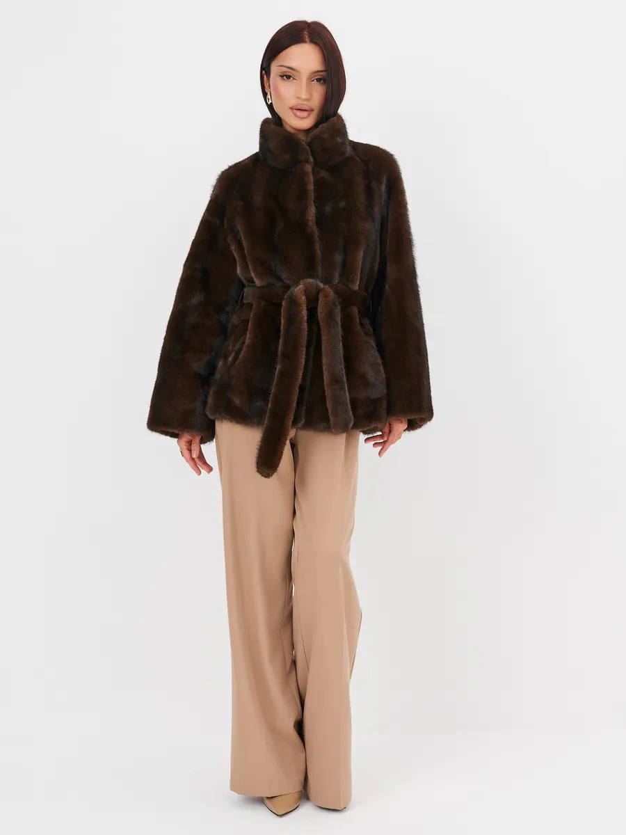 2026 Autumn Winter Women Faux Mink Fur Coat Lapel Collar Belted Long Jacket Luxury Fluffy Outerwear Brown