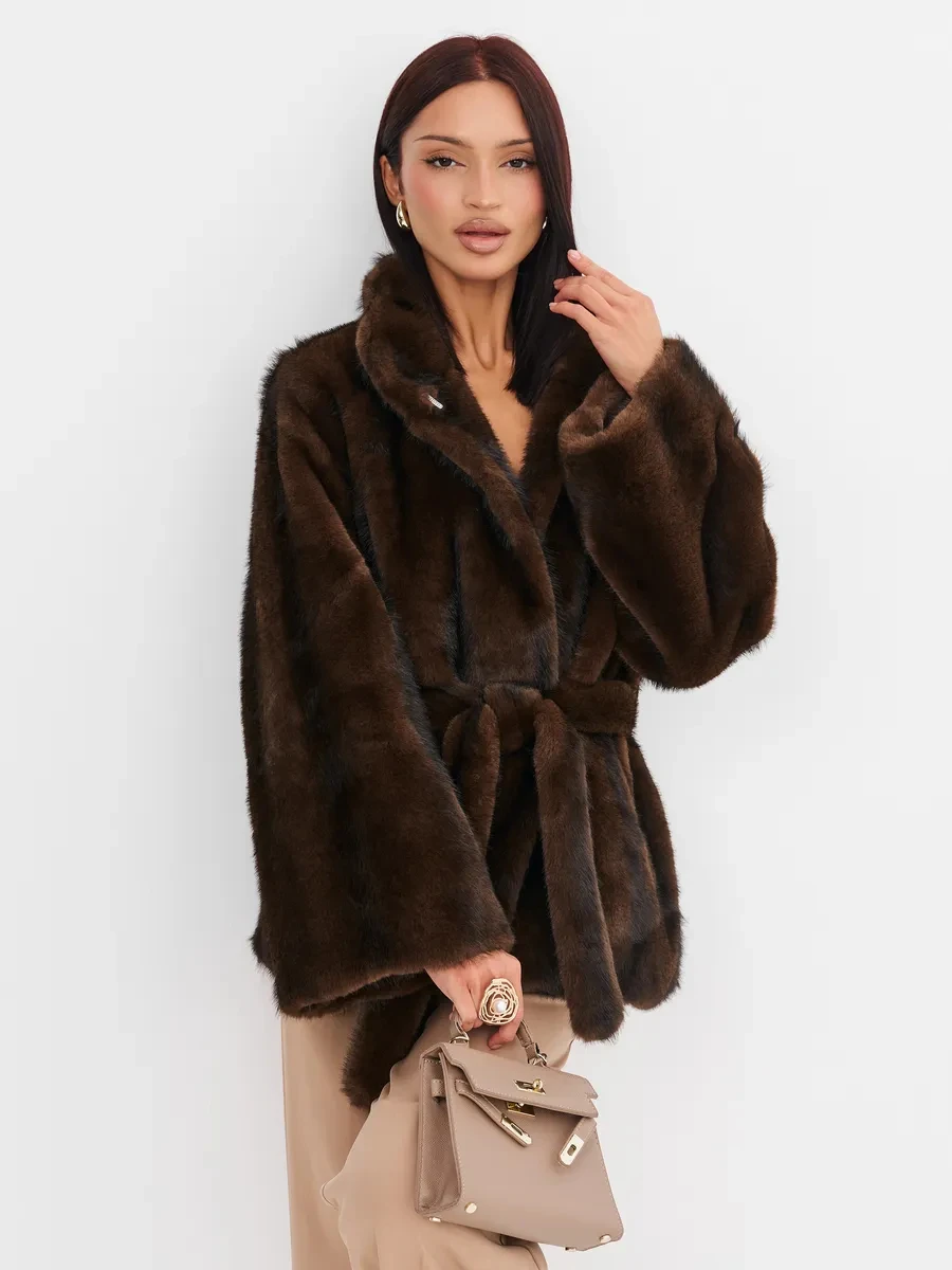 2026 Autumn Winter Women Faux Mink Fur Coat Lapel Collar Belted Long Jacket Luxury Fluffy Outerwear Brown