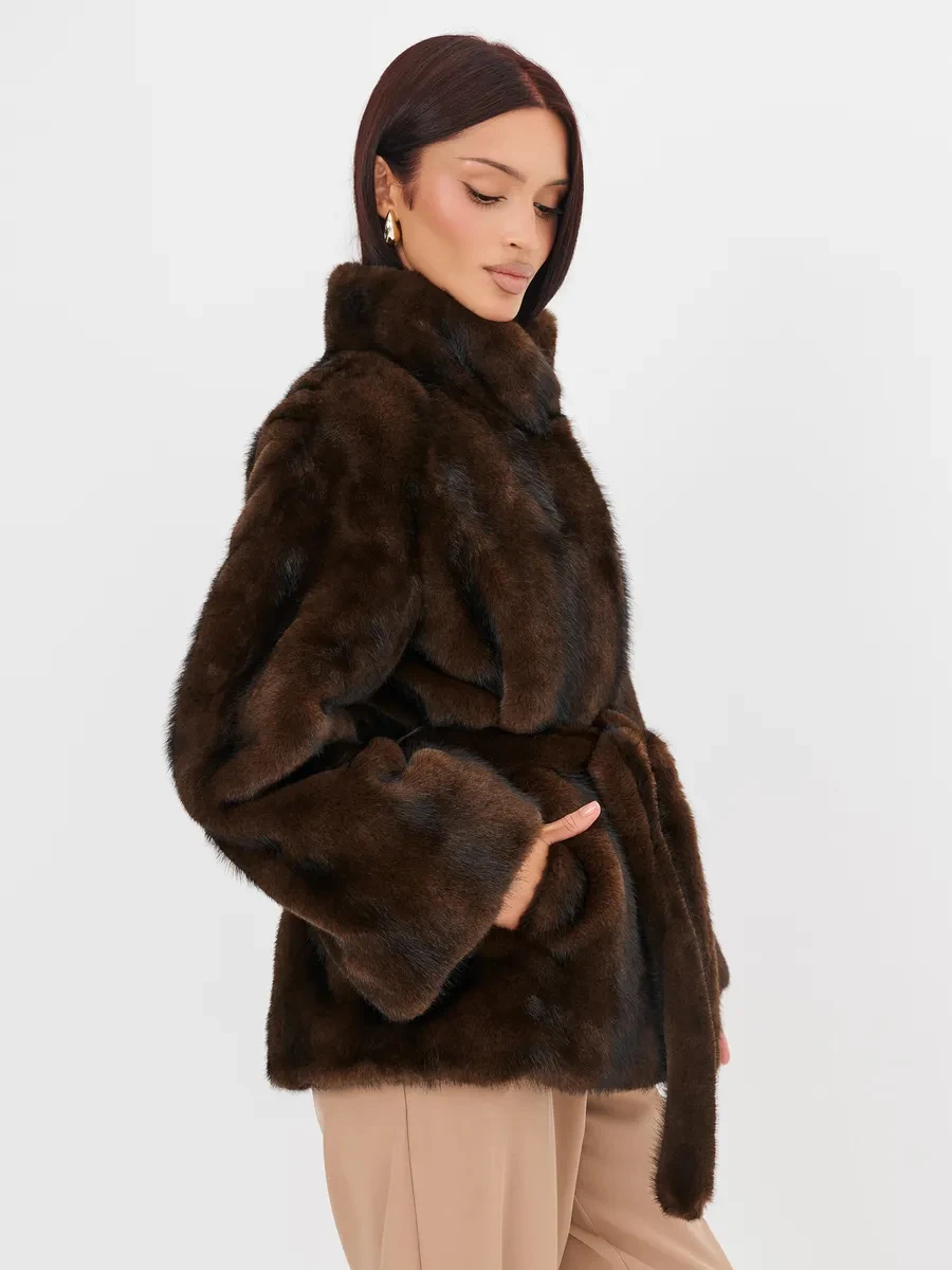 2026 Autumn Winter Women Faux Mink Fur Coat Lapel Collar Belted Long Jacket Luxury Fluffy Outerwear Brown