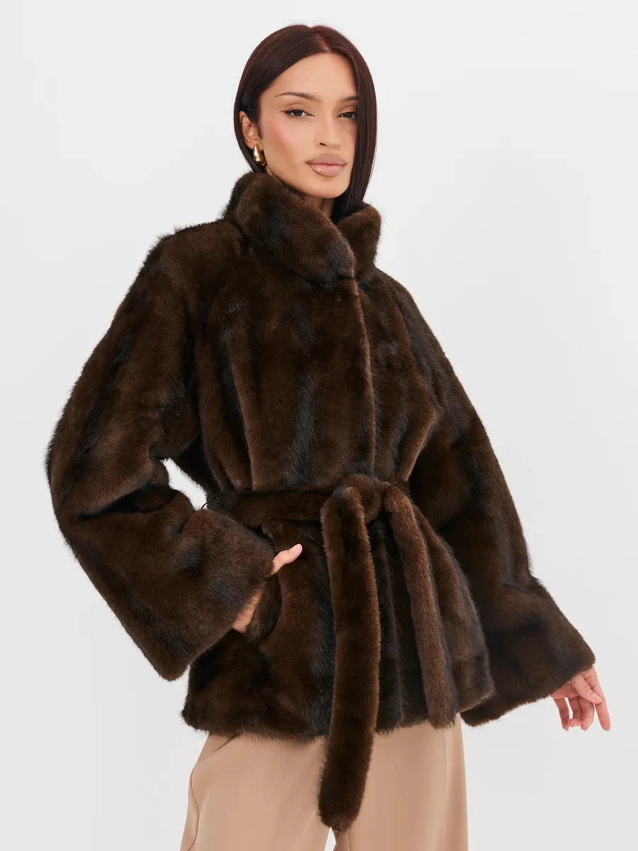 2026 Autumn Winter Women Faux Mink Fur Coat Lapel Collar Belted Long Jacket Luxury Fluffy Outerwear Brown
