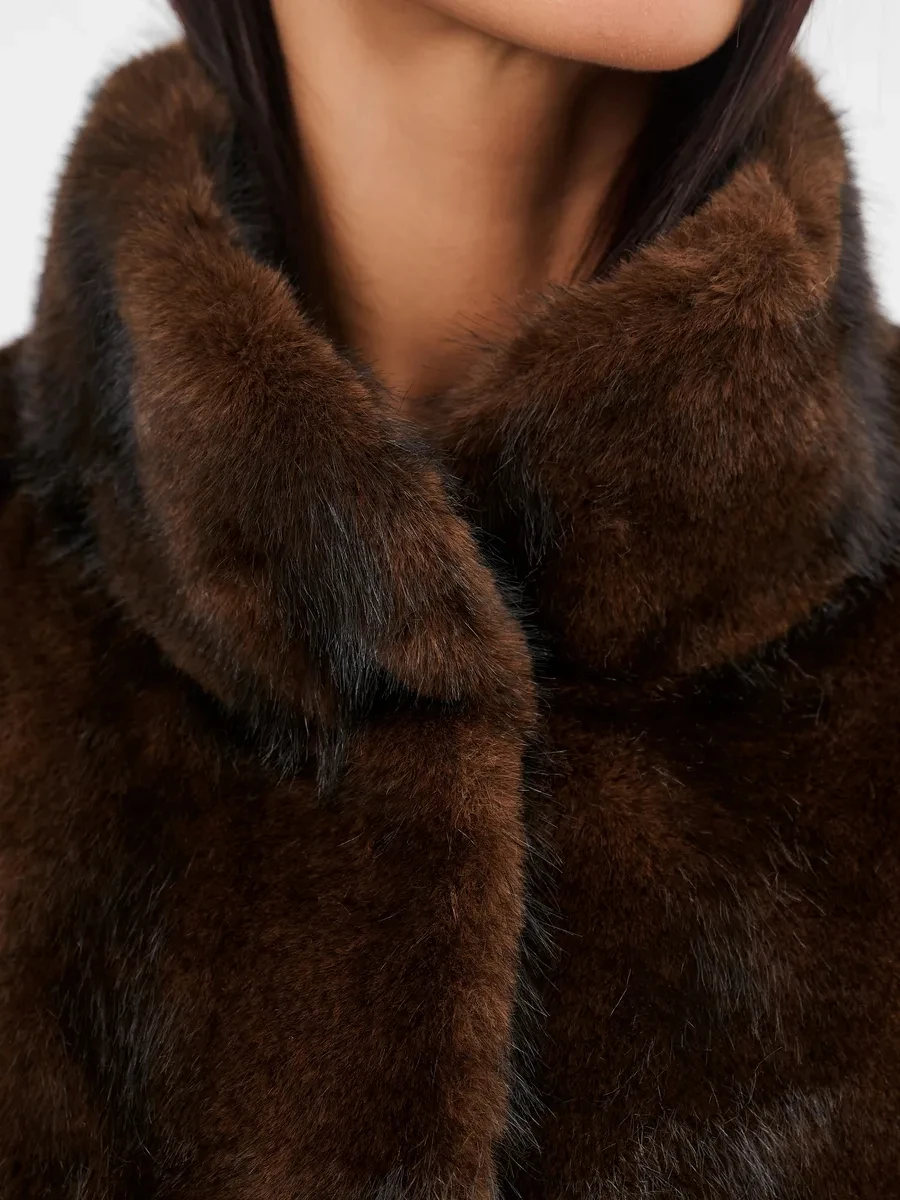 2026 Autumn Winter Women Faux Mink Fur Coat Lapel Collar Belted Long Jacket Luxury Fluffy Outerwear Brown