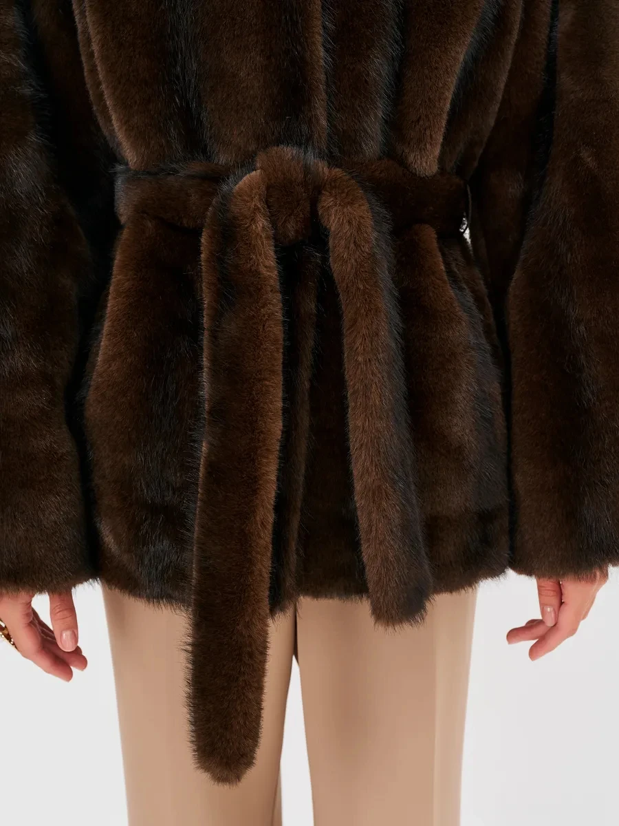 2026 Autumn Winter Women Faux Mink Fur Coat Lapel Collar Belted Long Jacket Luxury Fluffy Outerwear Brown