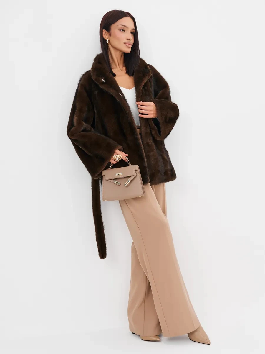 2026 Autumn Winter Women Faux Mink Fur Coat Lapel Collar Belted Long Jacket Luxury Fluffy Outerwear Brown