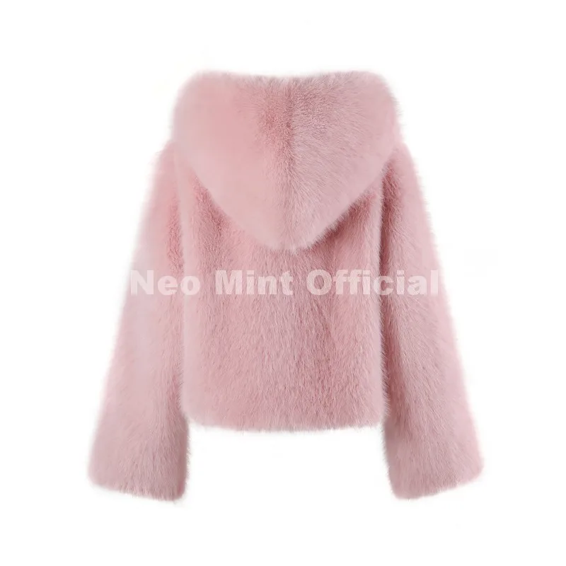 Neo Mint Winter 2025 Pure White Mountain Fashion Hooded Cropped Faux Fur Coat Women Fluffy Eco Fox Fur Jacket Girls Hot Overcoat