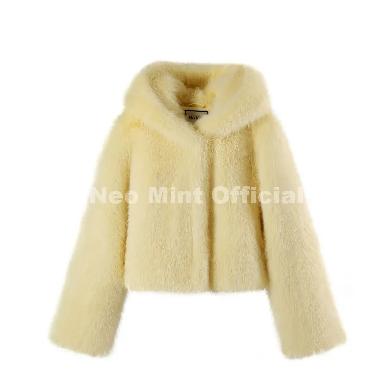 Neo Mint Winter 2025 Pure White Mountain Fashion Hooded Cropped Faux Fur Coat Women Fluffy Eco Fox Fur Jacket Girls Hot Overcoat