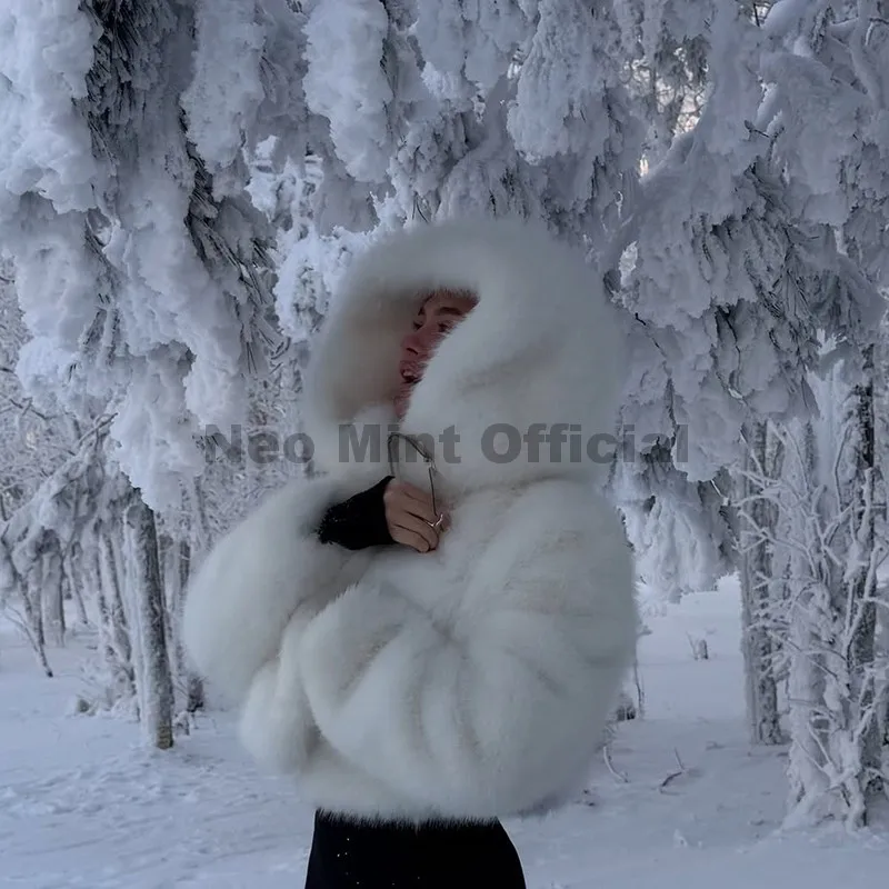 Neo Mint Winter 2025 Pure White Mountain Fashion Hooded Cropped Faux Fur Coat Women Fluffy Eco Fox Fur Jacket Girls Hot Overcoat