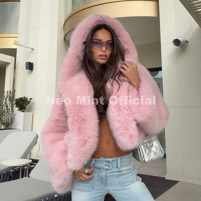 Neo Mint Winter 2025 Pure White Mountain Fashion Hooded Cropped Faux Fur Coat Women Fluffy Eco Fox Fur Jacket Girls Hot Overcoat