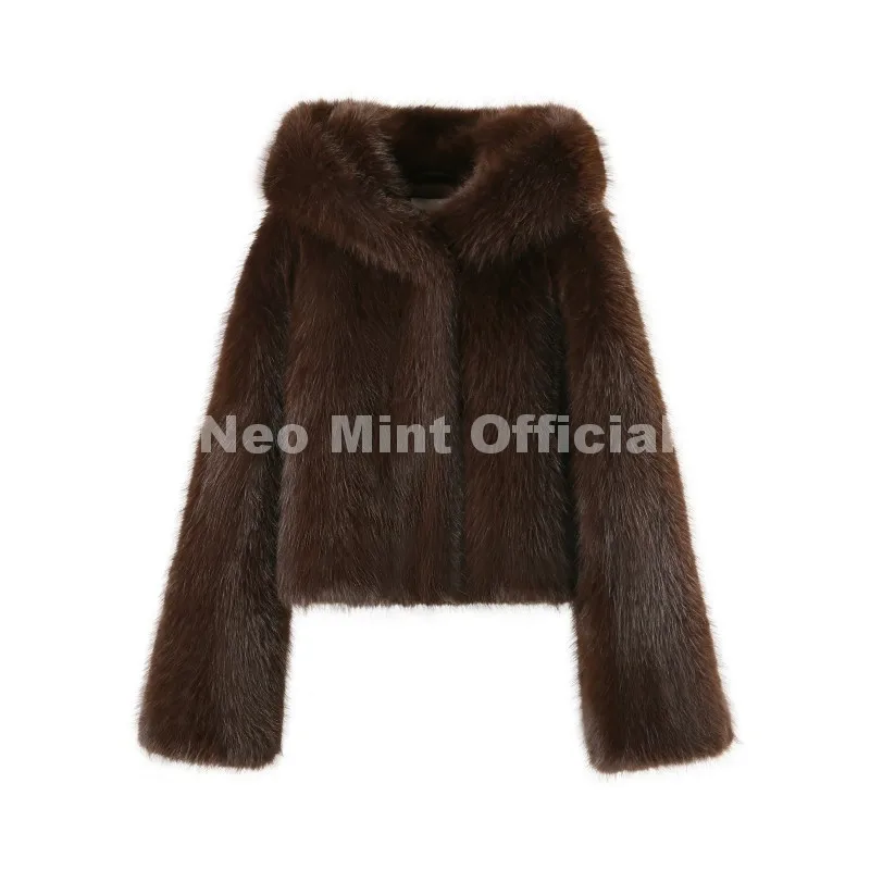Neo Mint Winter 2025 Pure White Mountain Fashion Hooded Cropped Faux Fur Coat Women Fluffy Eco Fox Fur Jacket Girls Hot Overcoat