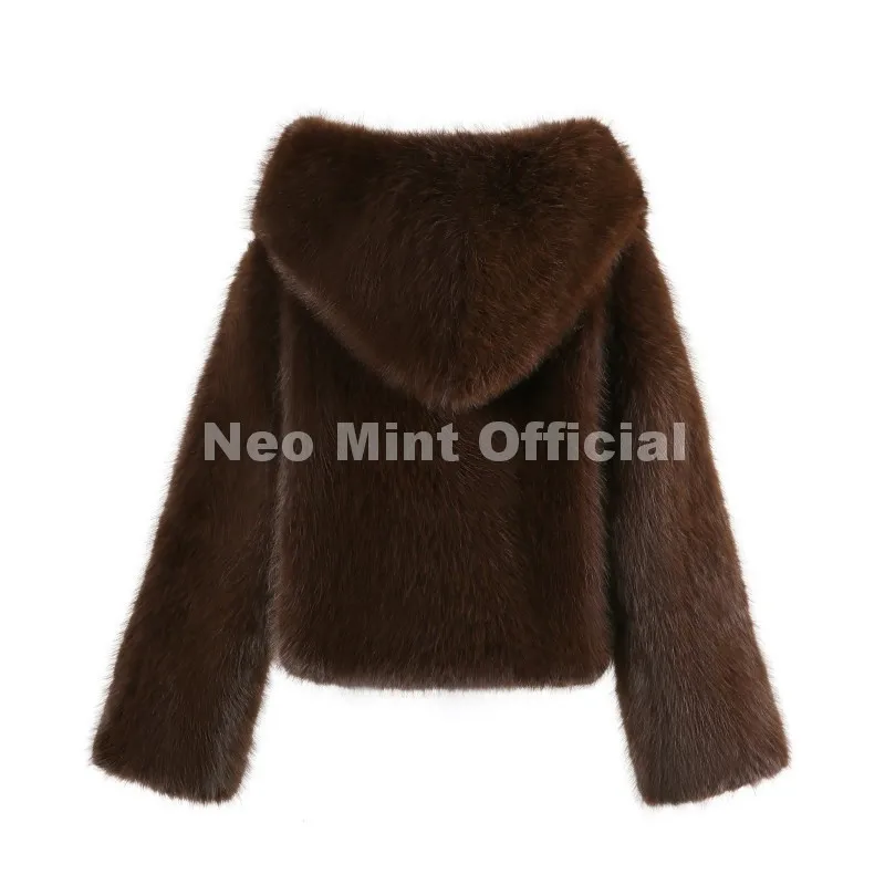 Neo Mint Winter 2025 Pure White Mountain Fashion Hooded Cropped Faux Fur Coat Women Fluffy Eco Fox Fur Jacket Girls Hot Overcoat