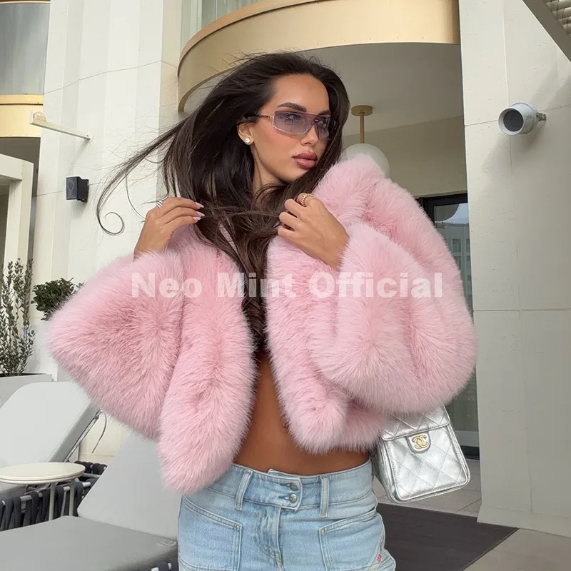 Neo Mint Winter 2025 Pure White Mountain Fashion Hooded Cropped Faux Fur Coat Women Fluffy Eco Fox Fur Jacket Girls Hot Overcoat