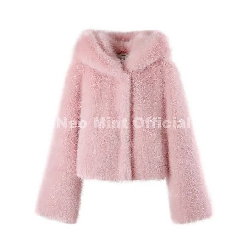 Neo Mint Winter 2025 Pure White Mountain Fashion Hooded Cropped Faux Fur Coat Women Fluffy Eco Fox Fur Jacket Girls Hot Overcoat