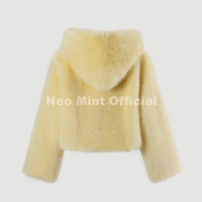 Neo Mint Winter 2025 Pure White Mountain Fashion Hooded Cropped Faux Fur Coat Women Fluffy Eco Fox Fur Jacket Girls Hot Overcoat