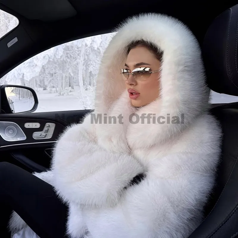 Neo Mint Winter 2025 Pure White Mountain Fashion Hooded Cropped Faux Fur Coat Women Fluffy Eco Fox Fur Jacket Girls Hot Overcoat