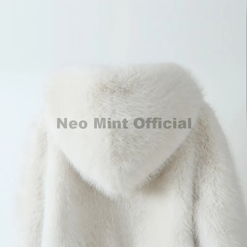 Neo Mint Winter 2025 Pure White Mountain Fashion Hooded Cropped Faux Fur Coat Women Fluffy Eco Fox Fur Jacket Girls Hot Overcoat