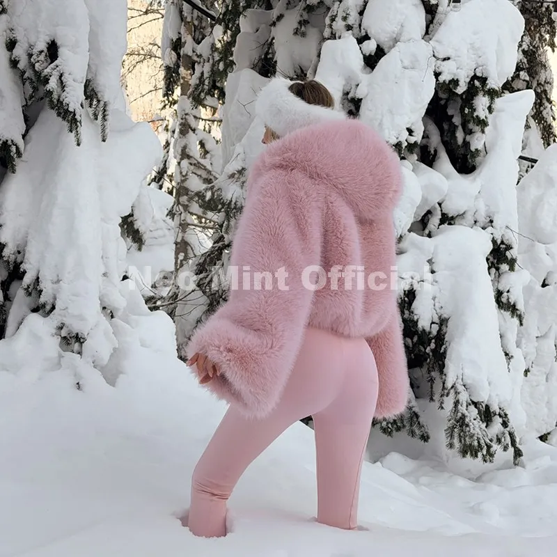 Neo Mint Winter 2025 Pure White Mountain Fashion Hooded Cropped Faux Fur Coat Women Fluffy Eco Fox Fur Jacket Girls Hot Overcoat