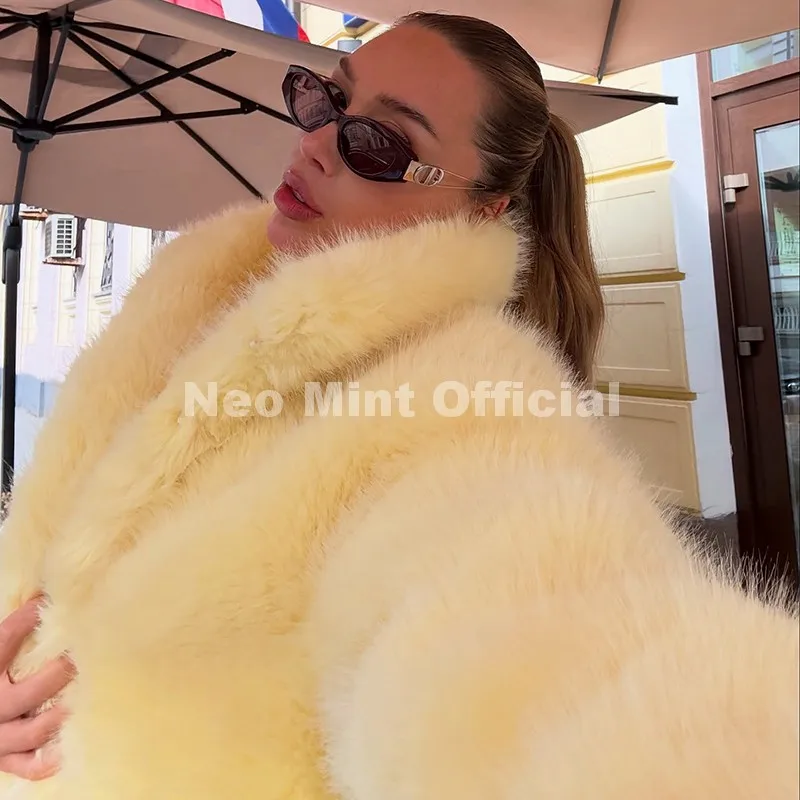 Neo Mint Winter 2025 Pure White Mountain Fashion Hooded Cropped Faux Fur Coat Women Fluffy Eco Fox Fur Jacket Girls Hot Overcoat