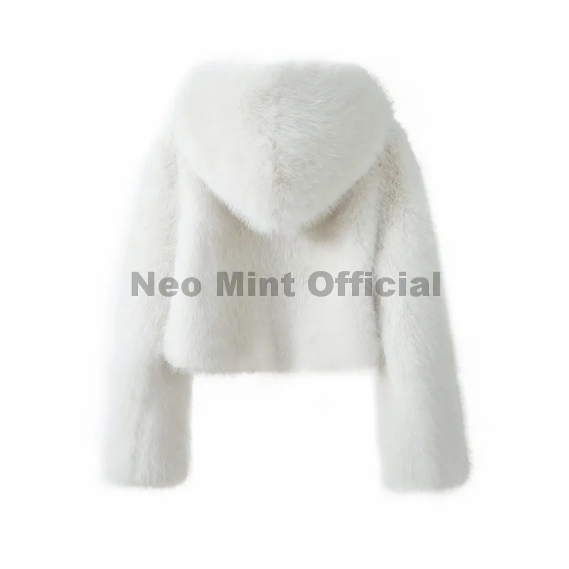 Neo Mint Winter 2025 Pure White Mountain Fashion Hooded Cropped Faux Fur Coat Women Fluffy Eco Fox Fur Jacket Girls Hot Overcoat