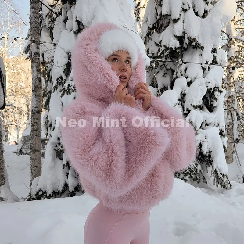 Neo Mint Winter 2025 Pure White Mountain Fashion Hooded Cropped Faux Fur Coat Women Fluffy Eco Fox Fur Jacket Girls Hot Overcoat