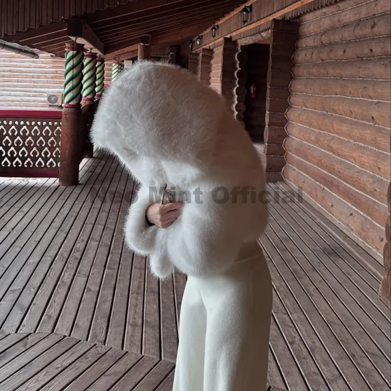 Neo Mint Winter 2025 Pure White Mountain Fashion Hooded Cropped Faux Fur Coat Women Fluffy Eco Fox Fur Jacket Girls Hot Overcoat